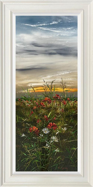 Luminous landscape painting by Kimberley Harris featuring vibrant flowers under a serene sky, titled Sunlit Serenity.
