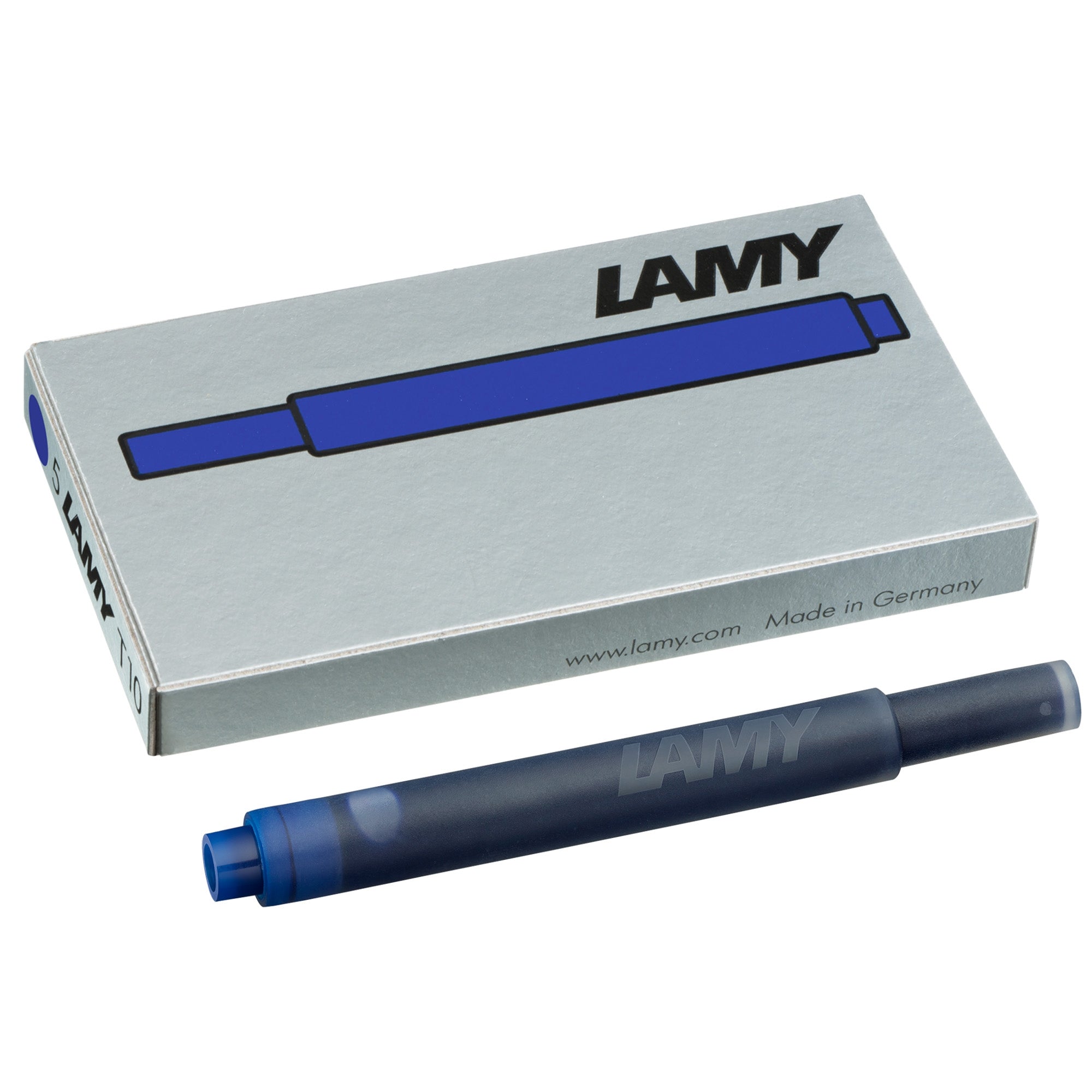 LAMY T10 Ink Cartridges - Pack of 5 with blue ink cartridge and packaging.