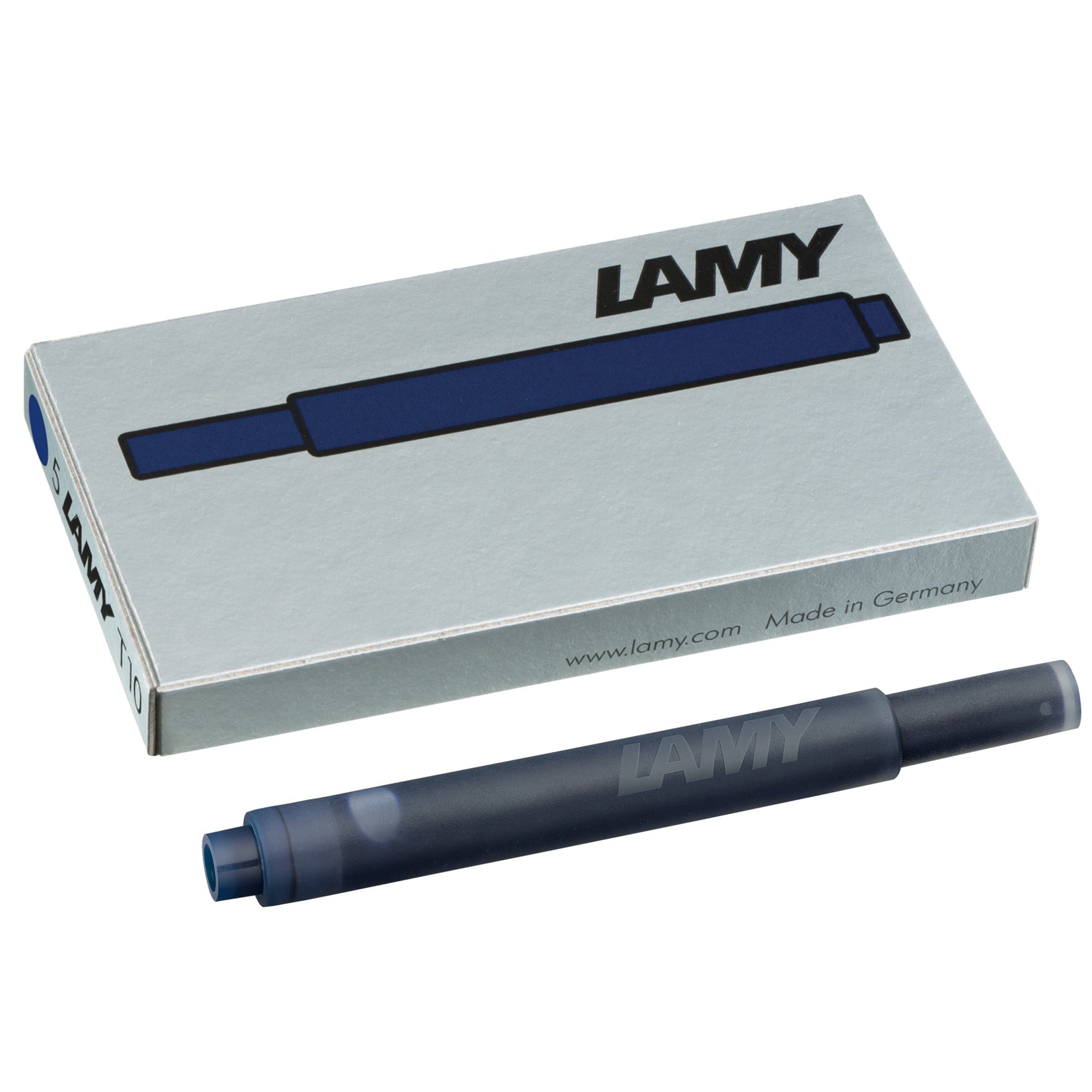 LAMY T10 Ink Cartridges - Pack of 5 displayed with a blue cartridge and packaging.