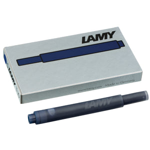 LAMY T10 Ink Cartridges - Pack of 5 displayed with a blue cartridge and packaging.