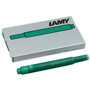 LAMY T10 Ink Cartridges - Pack of 5 with green cartridge and box.