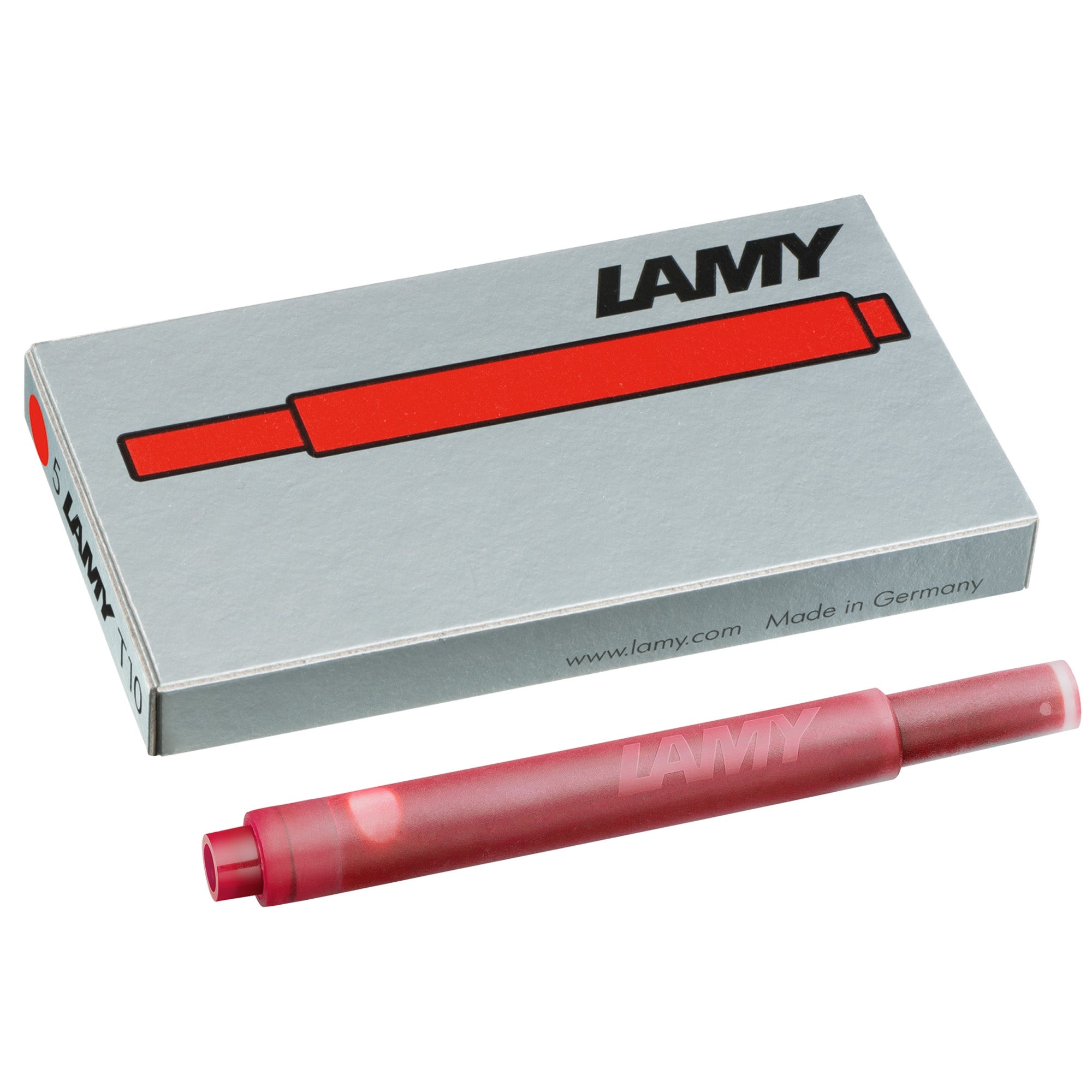 LAMY T10 Ink Cartridges - Pack of 5 in red color with box, designed for LAMY fountain pens.
