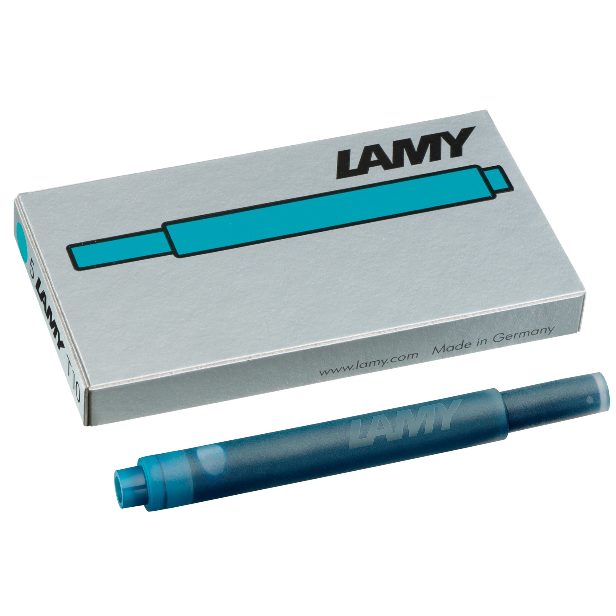 LAMY T10 Ink Cartridges - Pack of 5, featuring a turquoise cartridge and branded packaging for fountain pens.