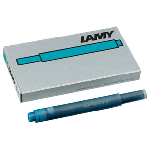 LAMY T10 Ink Cartridges - Pack of 5, featuring a turquoise cartridge and branded packaging for fountain pens.