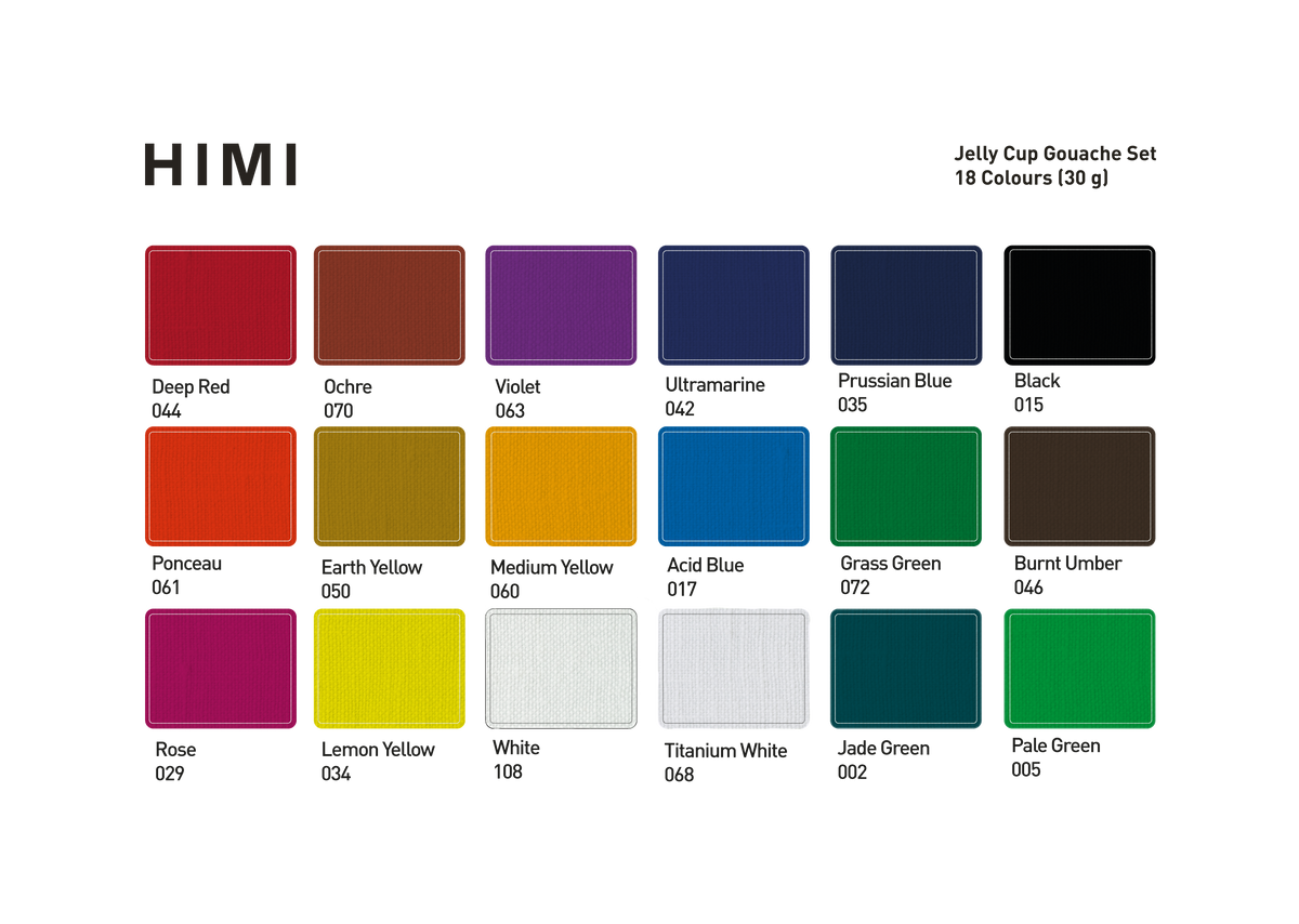 Colour chart of the 18 colours in the HIMI Jelly Cup Gouache Set.