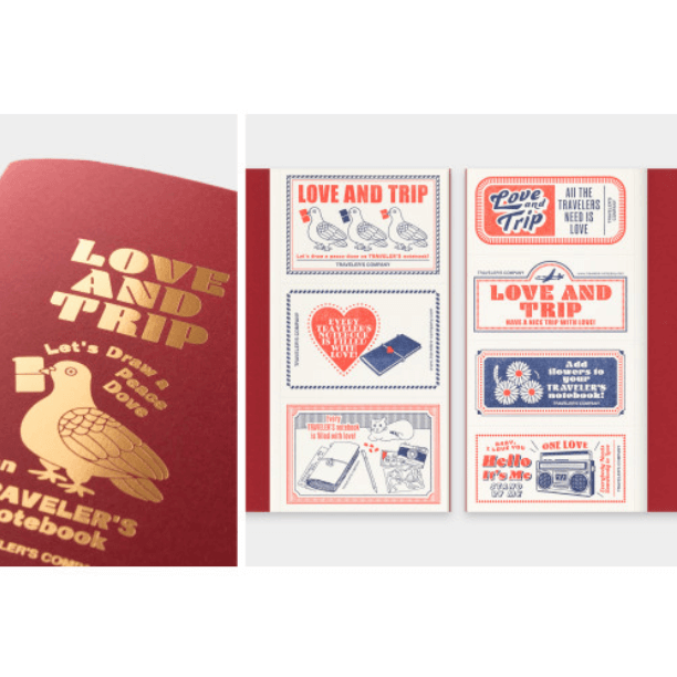 TRAVELER’S notebook Refill – LOVE AND TRIP with red cover and letterpress message cards featuring LOVE AND TRIP artwork.