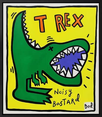 T-Rex (Bod Series) by Michael Abrams featuring a cartoon dinosaur on a vibrant yellow background.
