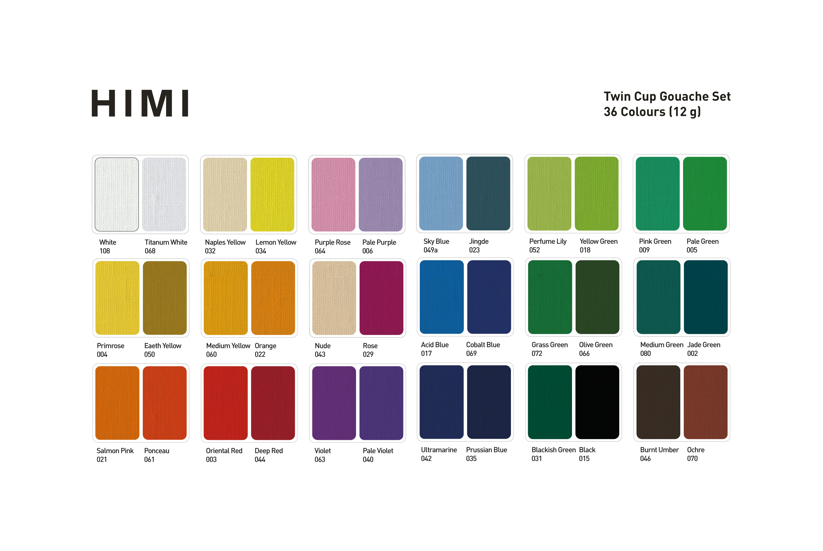 Colour chart of the 36 colours in the HIMI Twin Cup Gouache Set.
