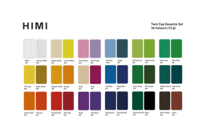 Colour chart of the 36 colours in the HIMI Twin Cup Gouache Set.