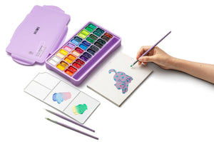 HIMI Twin Cup Gouache Set - 36 Colours + 3 Brushes (Purple Case) shown in use.