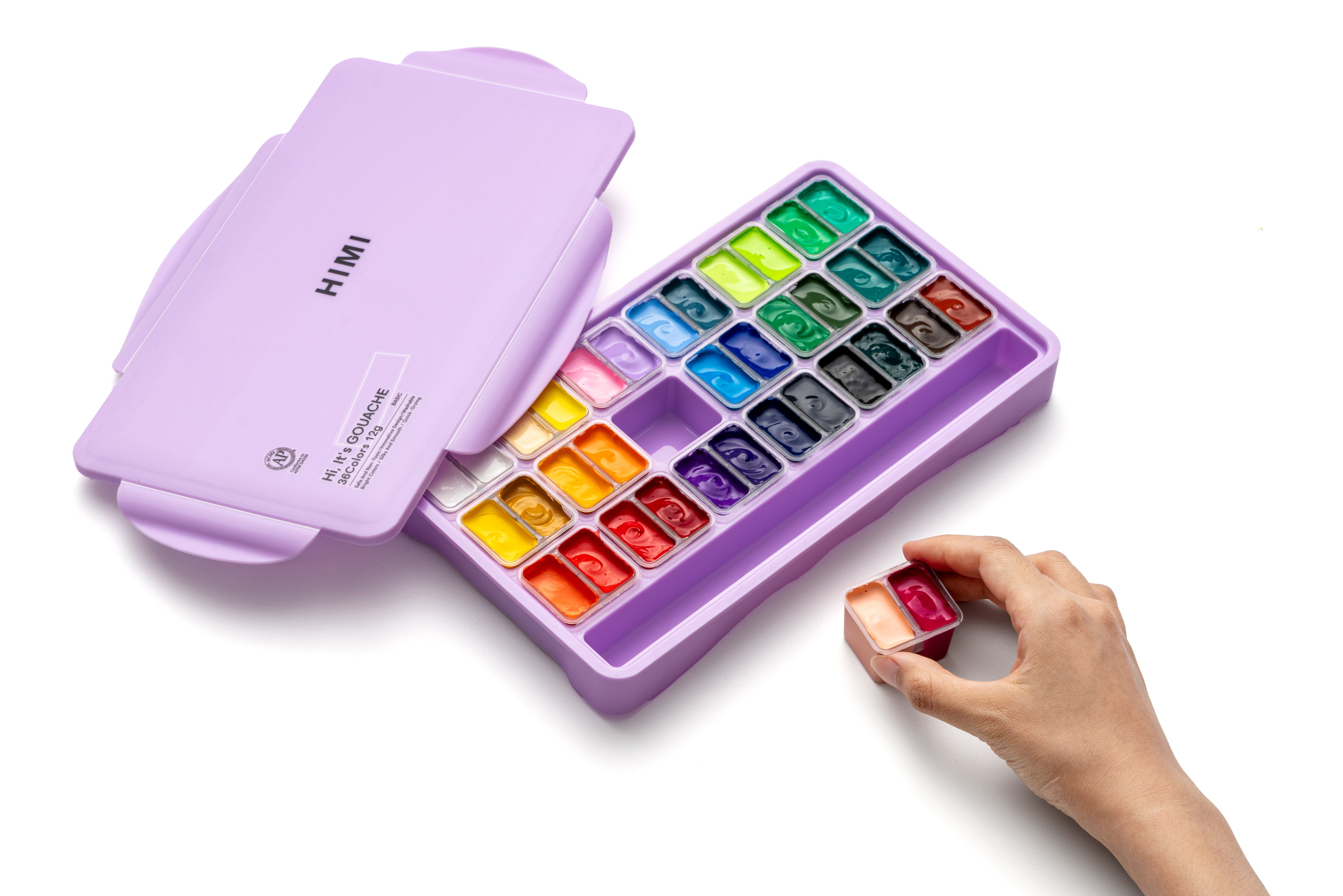 HIMI Twin Cup Gouache Set - 36 Colours + 3 Brushes (Purple Case) size comparison.