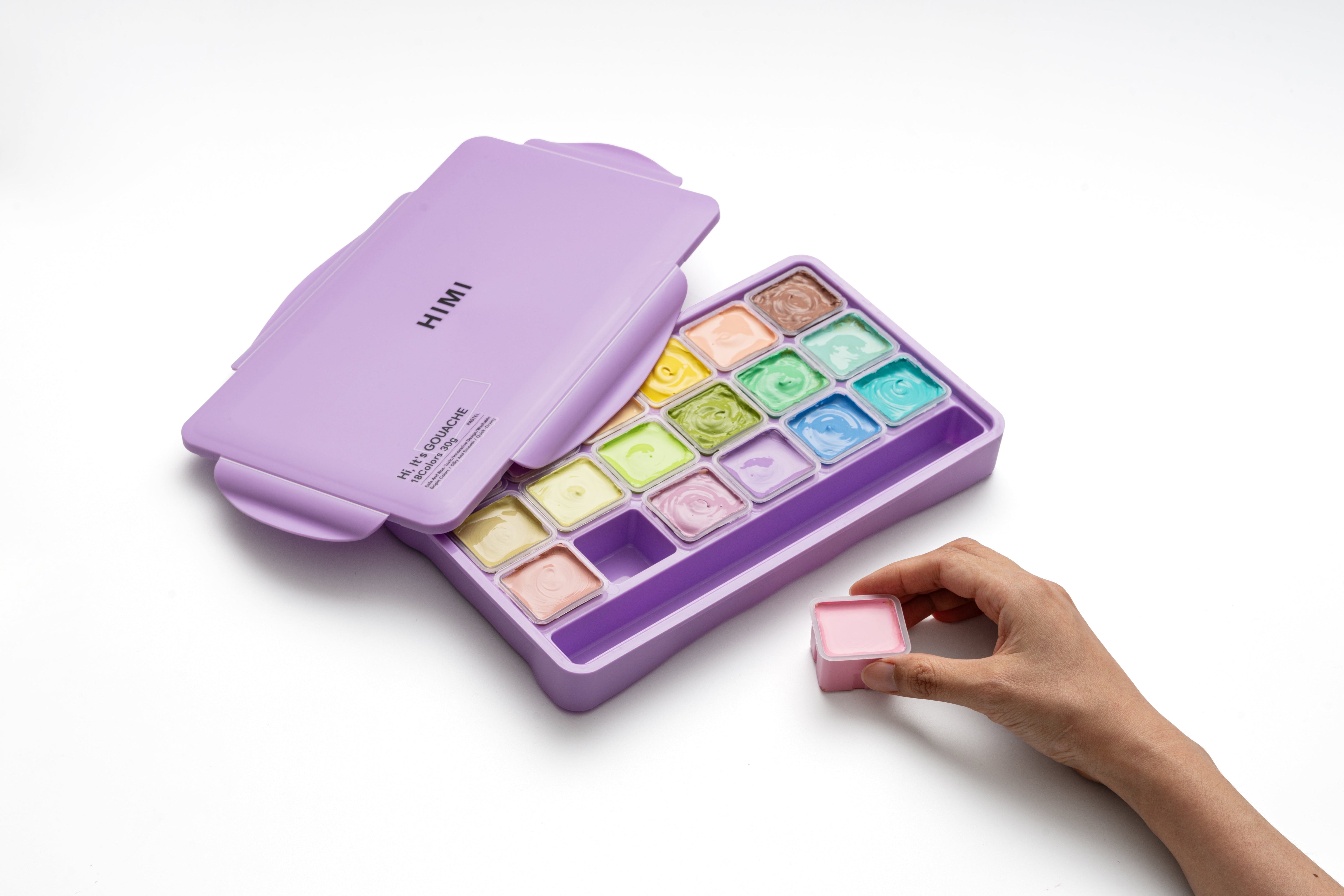 HIMI Jelly Cup Gouache Set - 18 Colours (Purple Case - Pastel Edition) size comparison.