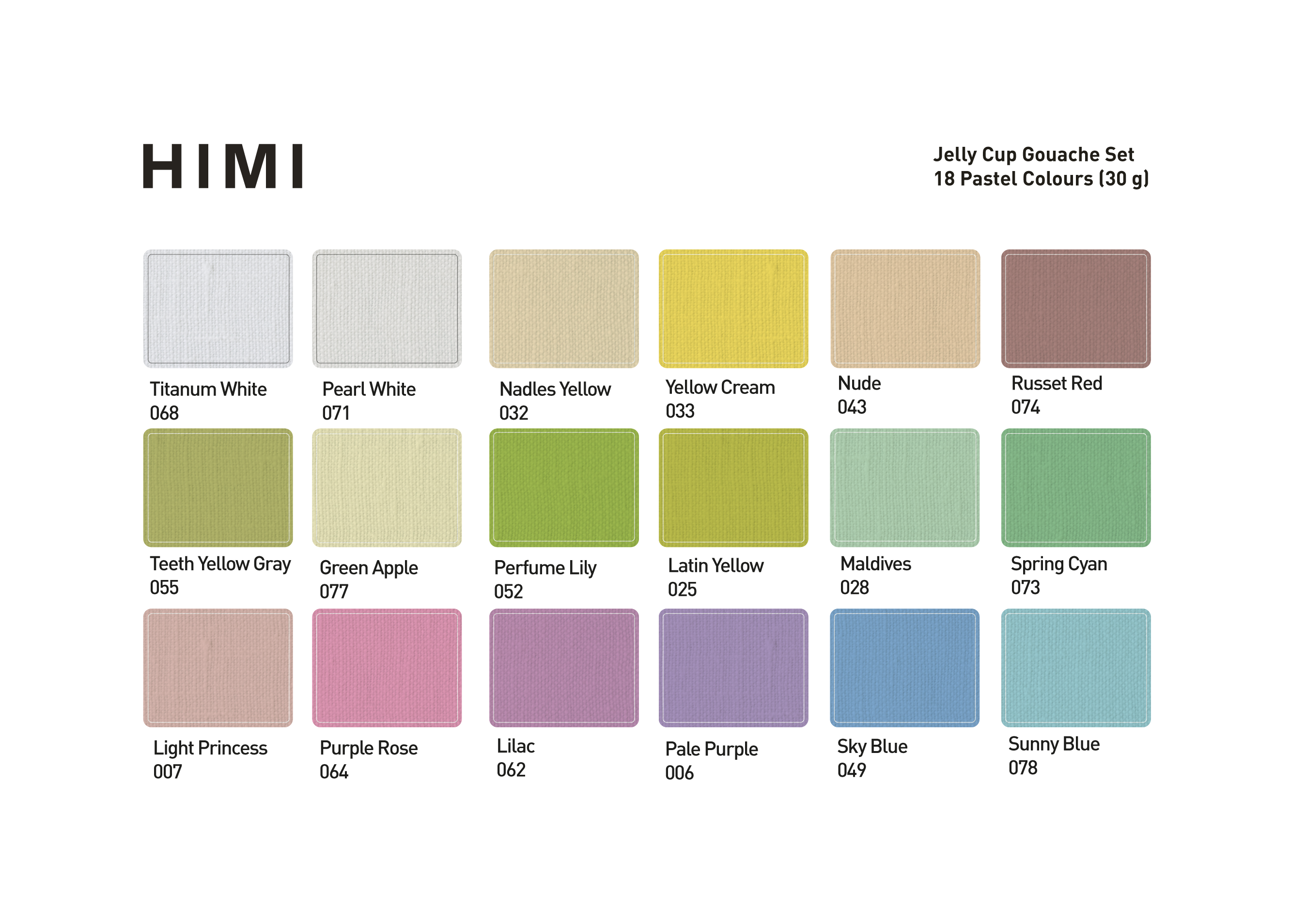Colour chart of the 18 pastel shades in the HIMI Jelly Cup Gouache Set Pastel Edition.