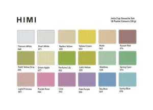 Colour chart of the 18 pastel shades in the HIMI Jelly Cup Gouache Set Pastel Edition.