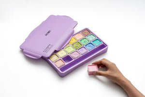 HIMI Jelly Cup Gouache Set - 18 Colours + 3 Brushes (Purple Case - Pastel Edition) size comparison.