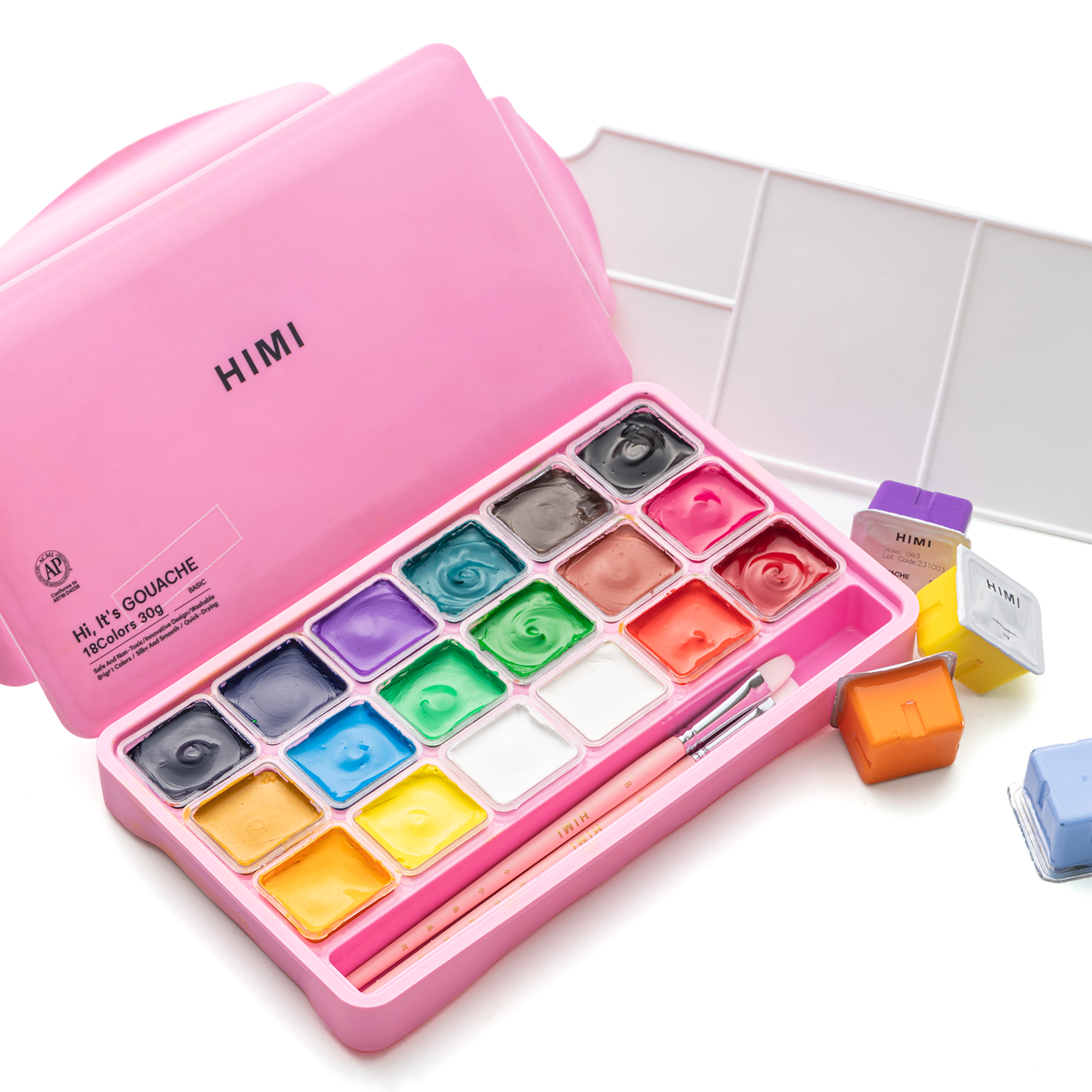 HIMI Jelly Cup Gouache Set - 18 Colours + 3 Brushes (Pink Case) alternate view.