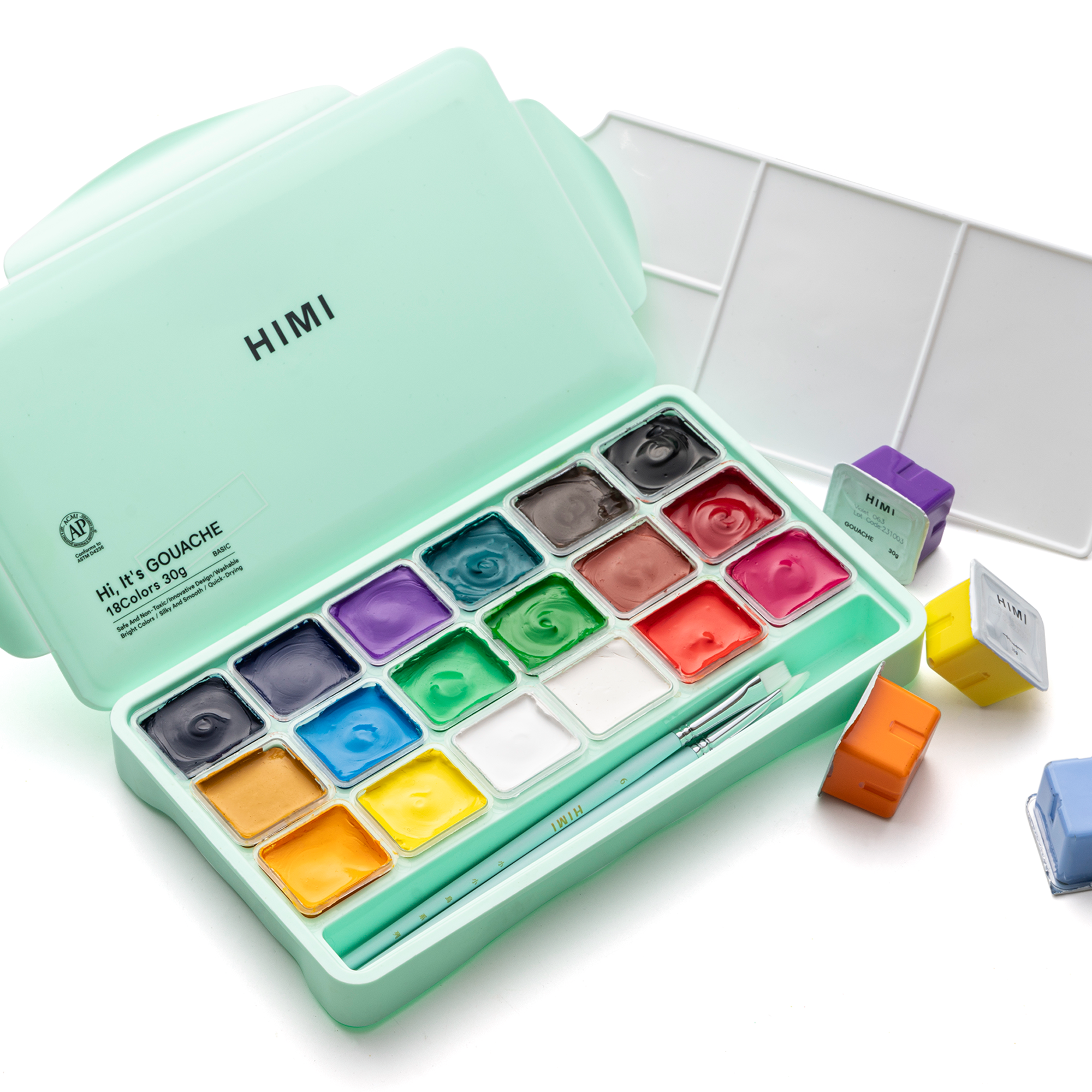 HIMI Jelly Cup Gouache Set - 18 Colours + 3 Brushes (Green Case) alternate view.