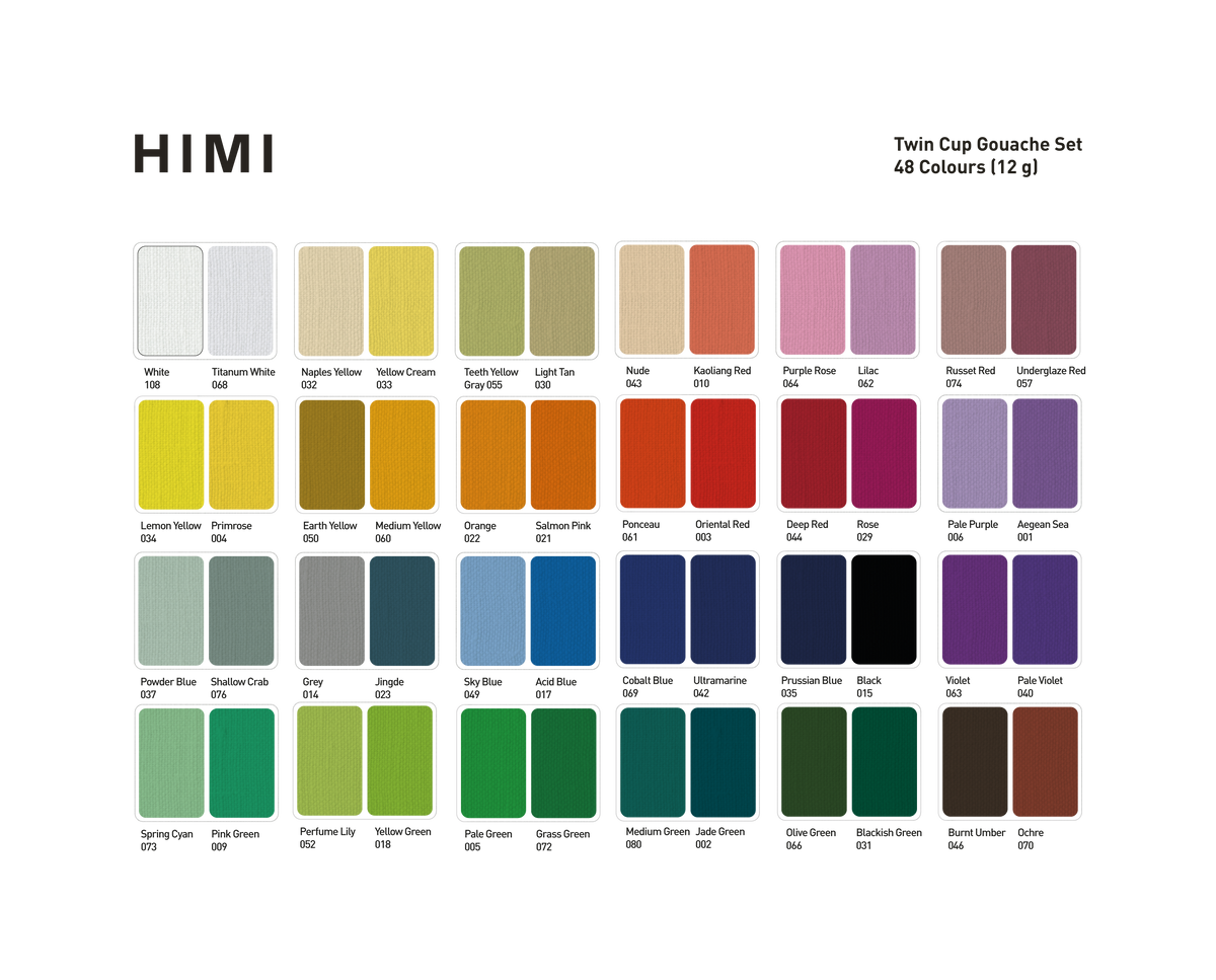 Colour chart of the 48 colours in the HIMI Twin Cup Gouache Set.