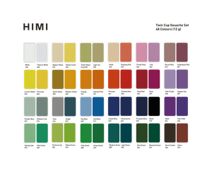 Colour chart of the 48 colours in the HIMI Twin Cup Gouache Set.