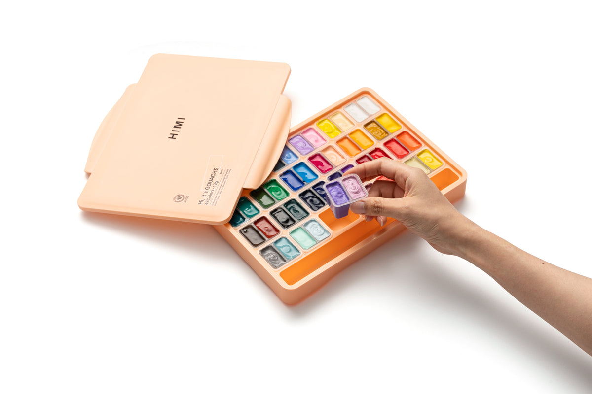HIMI Twin Cup Gouache Set - 48 Colours + 3 Brushes (Peach Fuzz Case) size comparison.