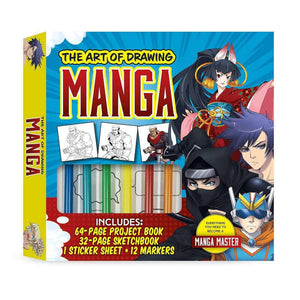 The Art of Drawing Manga Kit includes project book, sketchbook, markers, and more for creating manga characters and scenes.