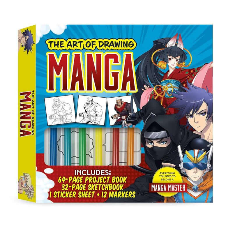 The Art of Drawing Manga Kit includes project book, sketchbook, markers, and more for creating manga characters and scenes.