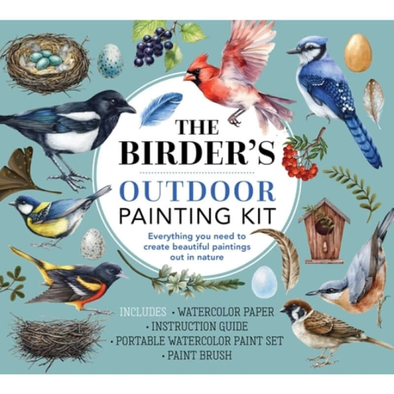 The Birder’s Outdoor Painting Kit – Watercolour Set & Guidebook packaging with birds illustrated on cover.