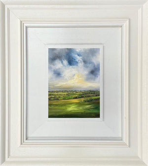 The Meadow Holds Its Edge by Kimberley Harris — original miniature oil on board, image 21 x 15 cm, framed 50.4 x 44.4 cm