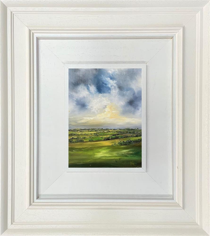 The Meadow Holds Its Edge by Kimberley Harris — original miniature oil on board, image 21 x 15 cm, framed 50.4 x 44.4 cm