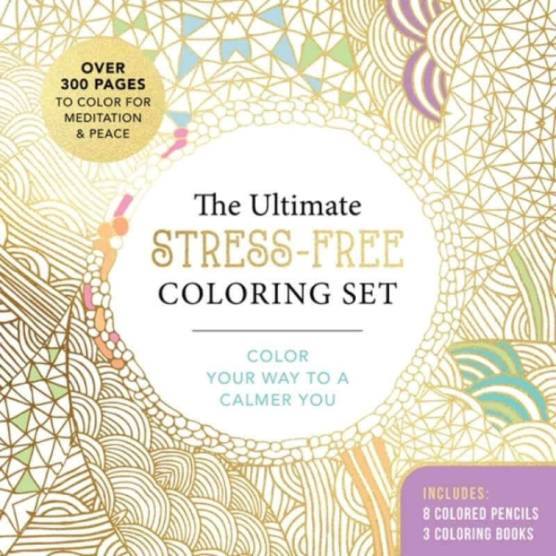The Ultimate Stress-Free Coloring Set – 3 Books & Pencil Set with calming designs and quality pencils for stress relief.