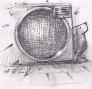 The Super Woofer II Original Sketch by Doug Hyde featuring a dog and speaker