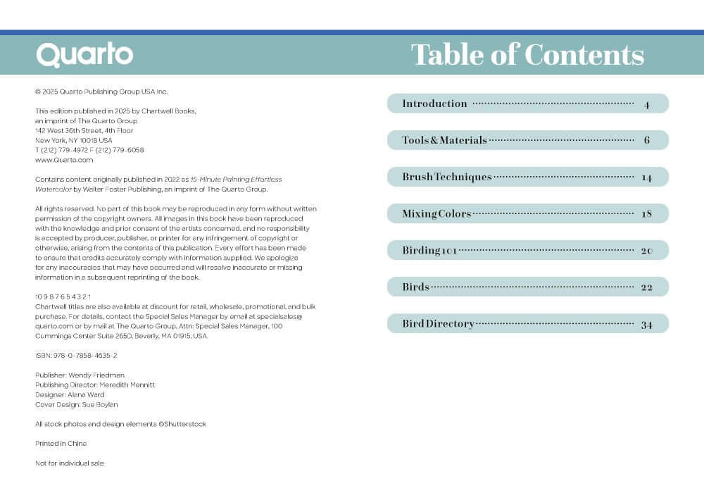 Table of contents for The Birder’s Outdoor Painting Kit – Watercolour Set & Guidebook featuring topics like tools, techniques, and birding.