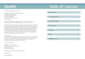 Table of contents for The Birder’s Outdoor Painting Kit – Watercolour Set & Guidebook featuring topics like tools, techniques, and birding.