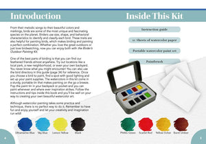 The Birder’s Outdoor Painting Kit – Watercolour Set & Guidebook with instruction guide, watercolor paints, and papers.