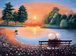 Romantic lakeside scene of two figures on a bench watching a sunset, dog plays by water, from Doug Hyde’s ‘Days Like These’ collection.