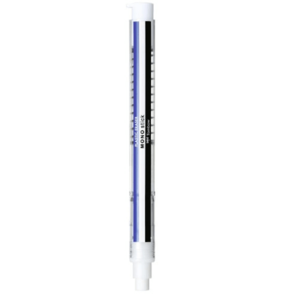 Tombow MONO Stick Pen Eraser – Blue/White/Black, slim pen-style eraser with slide mechanism for precise, clean erasing.