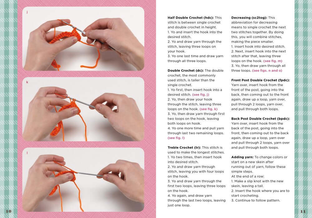 Page from Too Cute to Eat Crochet Kit – Complete Crochet Kit showing step-by-step crochet instructions and hand positions.