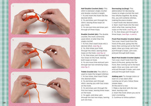 Page from Too Cute to Eat Crochet Kit – Complete Crochet Kit showing step-by-step crochet instructions and hand positions.