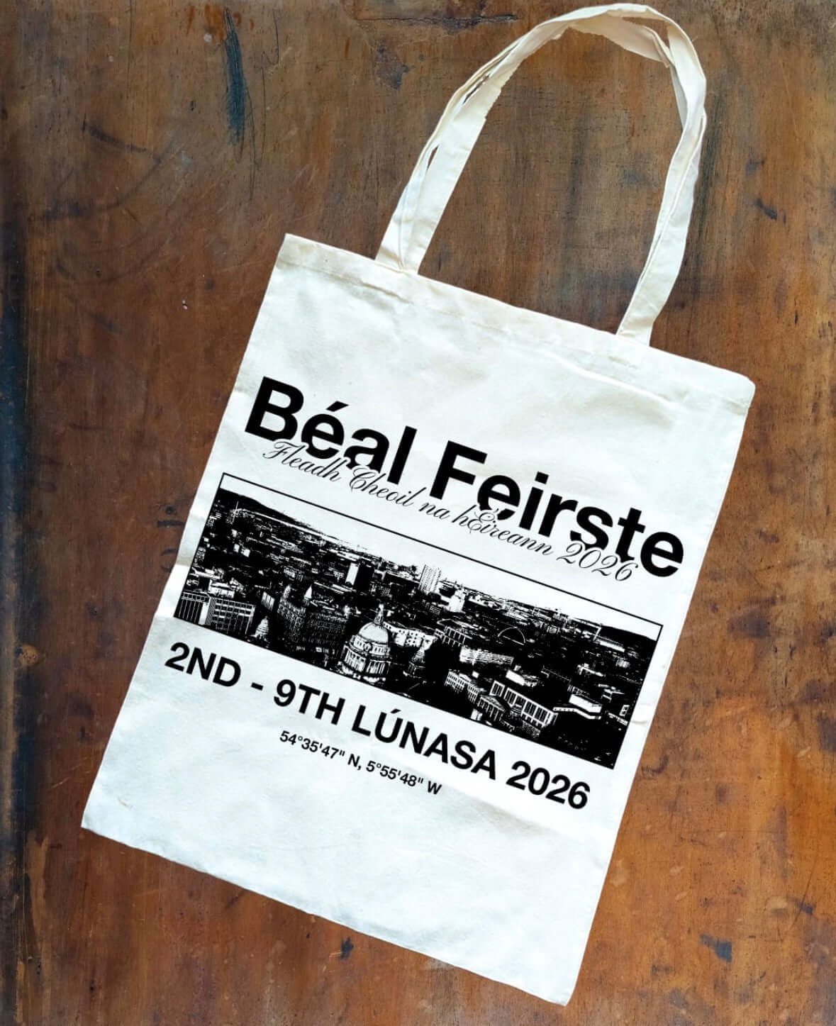 Béal Feirste Cityscape design – Belfast skyline hand screen-printed on a natural cotton tote