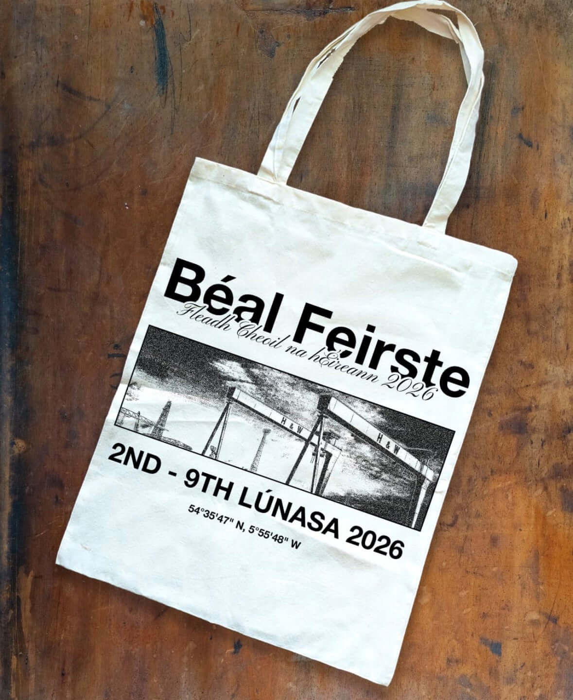 Béal Feirste Cranes design – Harland & Wolff cranes hand screen-printed on a natural cotton tote