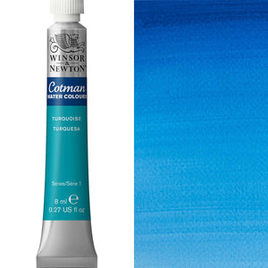 Winsor & Newton Cotman Watercolour paint 8ml tube in turquoise, showcasing vibrant transparent color.