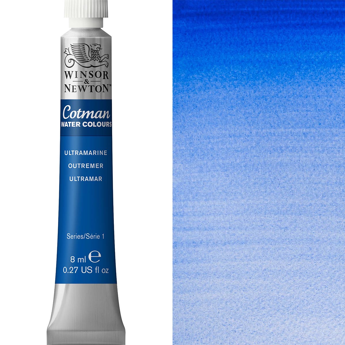 Winsor & Newton Cotman Watercolour paint tube in Ultramarine, 8ml, showcasing vibrant blue color swatch.