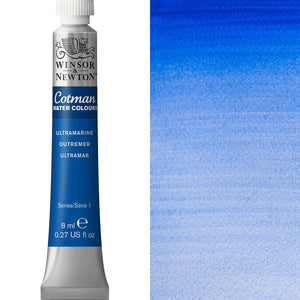 Winsor & Newton Cotman Watercolour paint tube in Ultramarine, 8ml, showcasing vibrant blue color swatch.