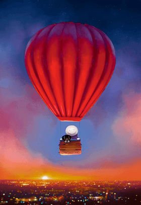 "Up, Pup and Away artwork by Doug Hyde featuring a smiling character and black Labrador in a red hot air balloon over a cityscape."