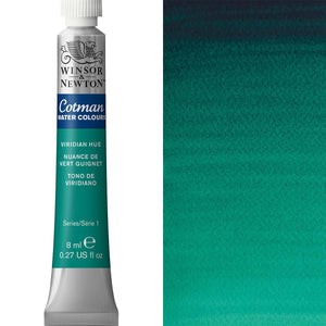 Winsor & Newton Cotman Watercolour Paint 8ml tube in Viridian Hue with swatch, ideal for artists and hobbyists.