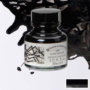 Winsor & Newton Black Indian Drawing Ink 30ml bottle with splattered ink background, ideal for brushes, dip pens, airbrush use.