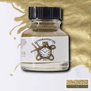 Winsor & Newton 30ml Gold Drawing Ink bottle with metallic finish for calligraphy and illustration.
