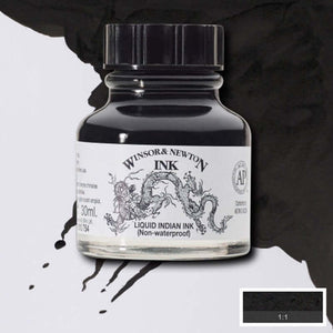 Winsor & Newton Liquid Indian Drawing Ink 30ml bottle with black ink splash background.