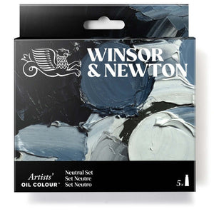 W&N Artists' Oil Colour 5x37ml Tubes Neutral Set in packaging with black, white, grey shades for expanded color mixing.