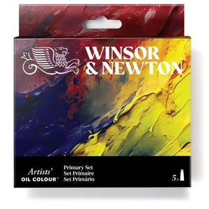 Pack of W&N Artists' Oil Colour 5x37ml Tubes Primary Set showcasing vibrant paint strokes on the box.
